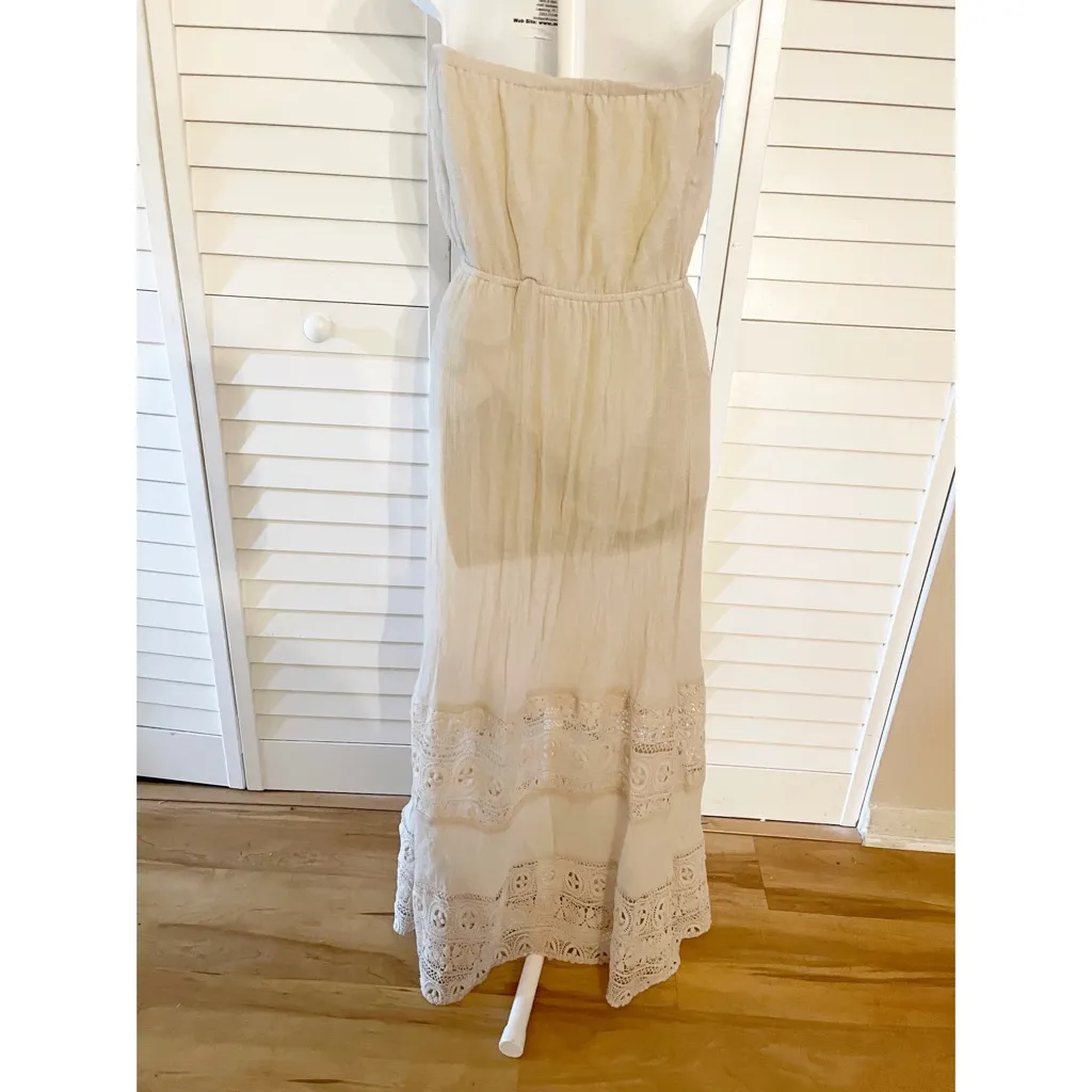 Beige Lace Trim Maxi Dress Resortwear Sleeveless Women's S Boho Beach Cruise - Image 6