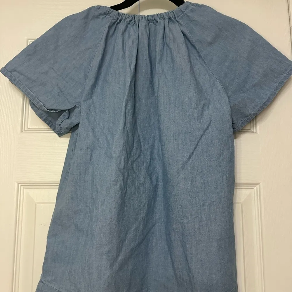 J. Crew Blue Chambray Ruched Tie Neck Top Coastal‎ Beach Prairie - Image 4