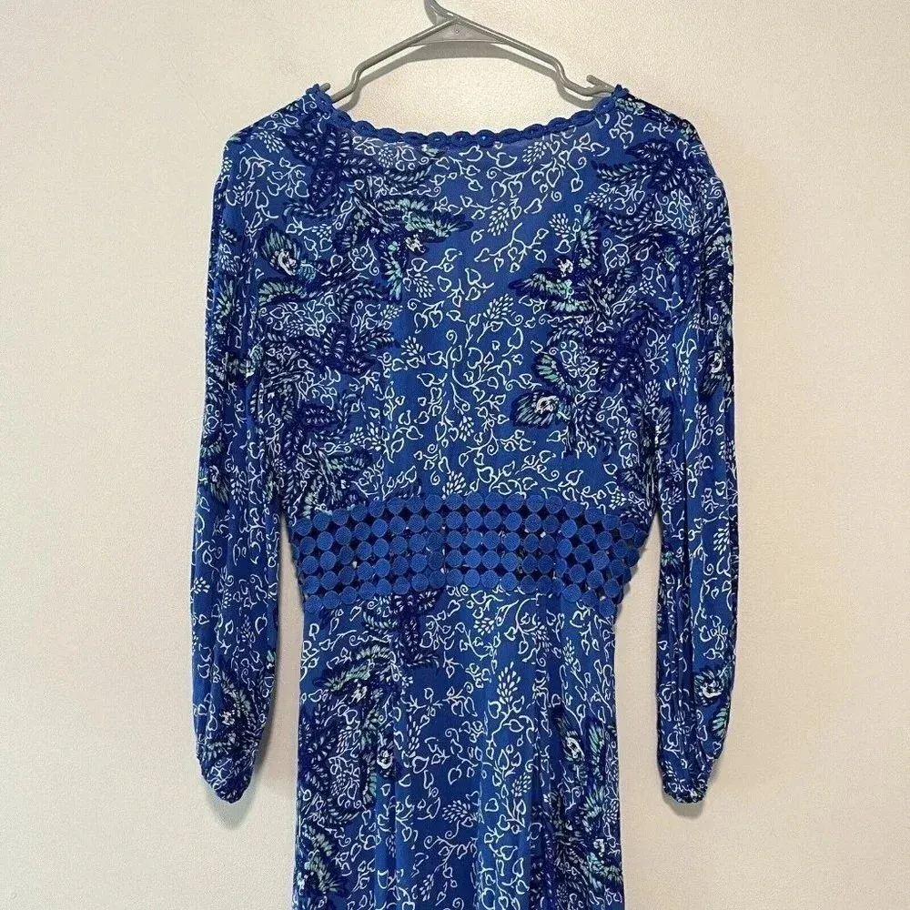 Poupette St Barth Joan Maxi Crochet Waist Dress‎ in Blue Malva Bird Print XS - Image 9