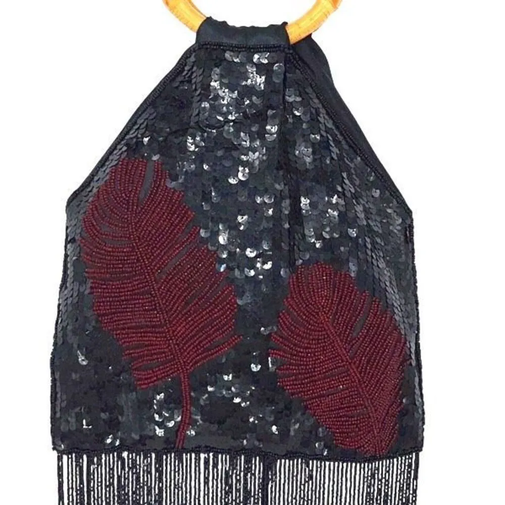 Vintage Retro Womens Sequin Beaded Bamboo Handle Fringe Handbag Black Maroon OS - Image 2
