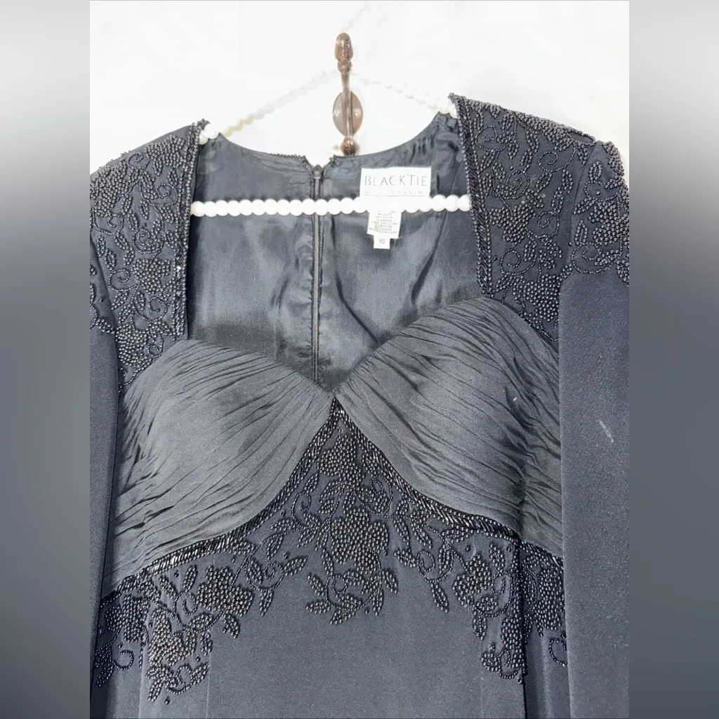 vintage oleg cassini black tie dress Black Beaded‎ Evening Gown Size 10 - Image 3