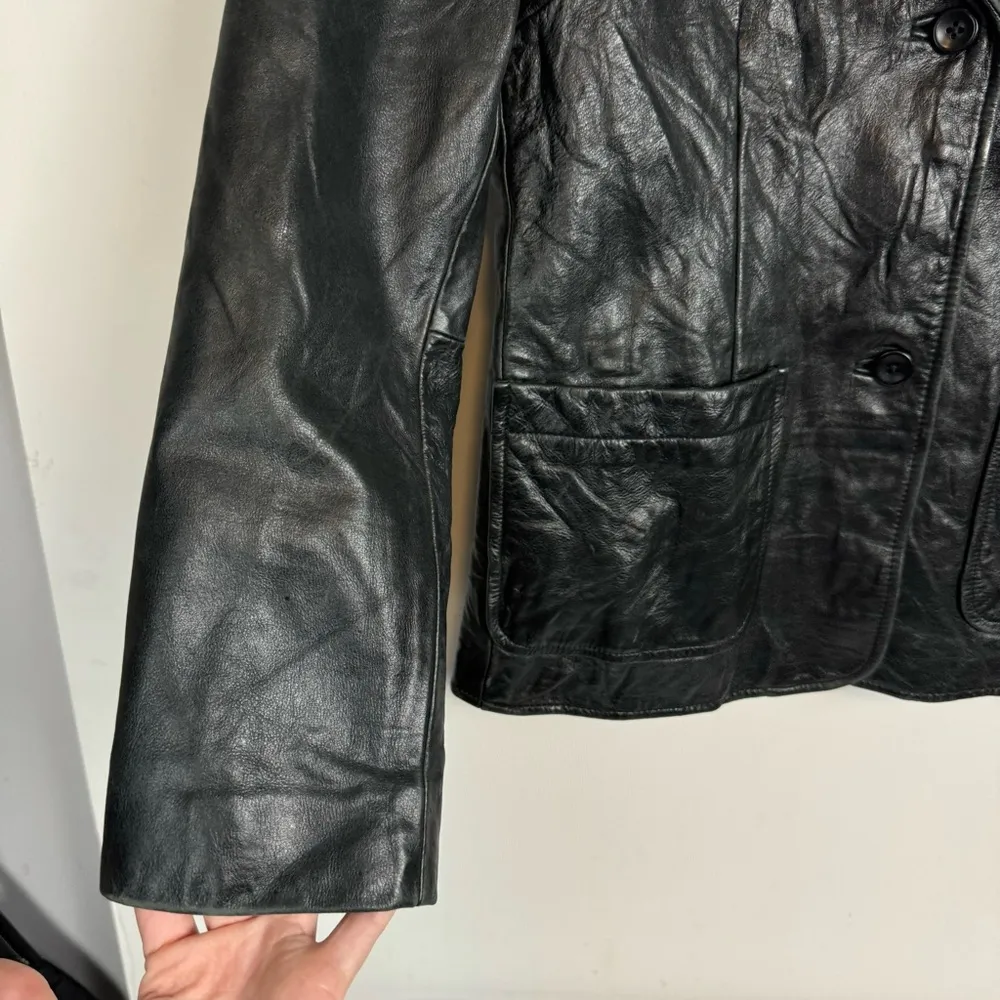 Vtg 90s y2k GAP Black Leather Jacket Womens Sz Small Double Button Collar - Image 9
