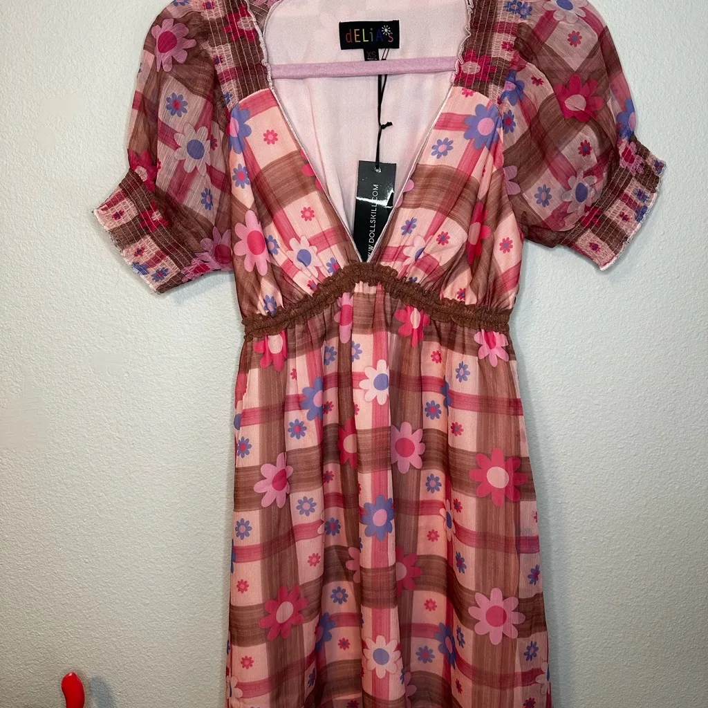 dELiA*s Pink and Brown Floral Plaid Mini Dress Size XS - Image 2