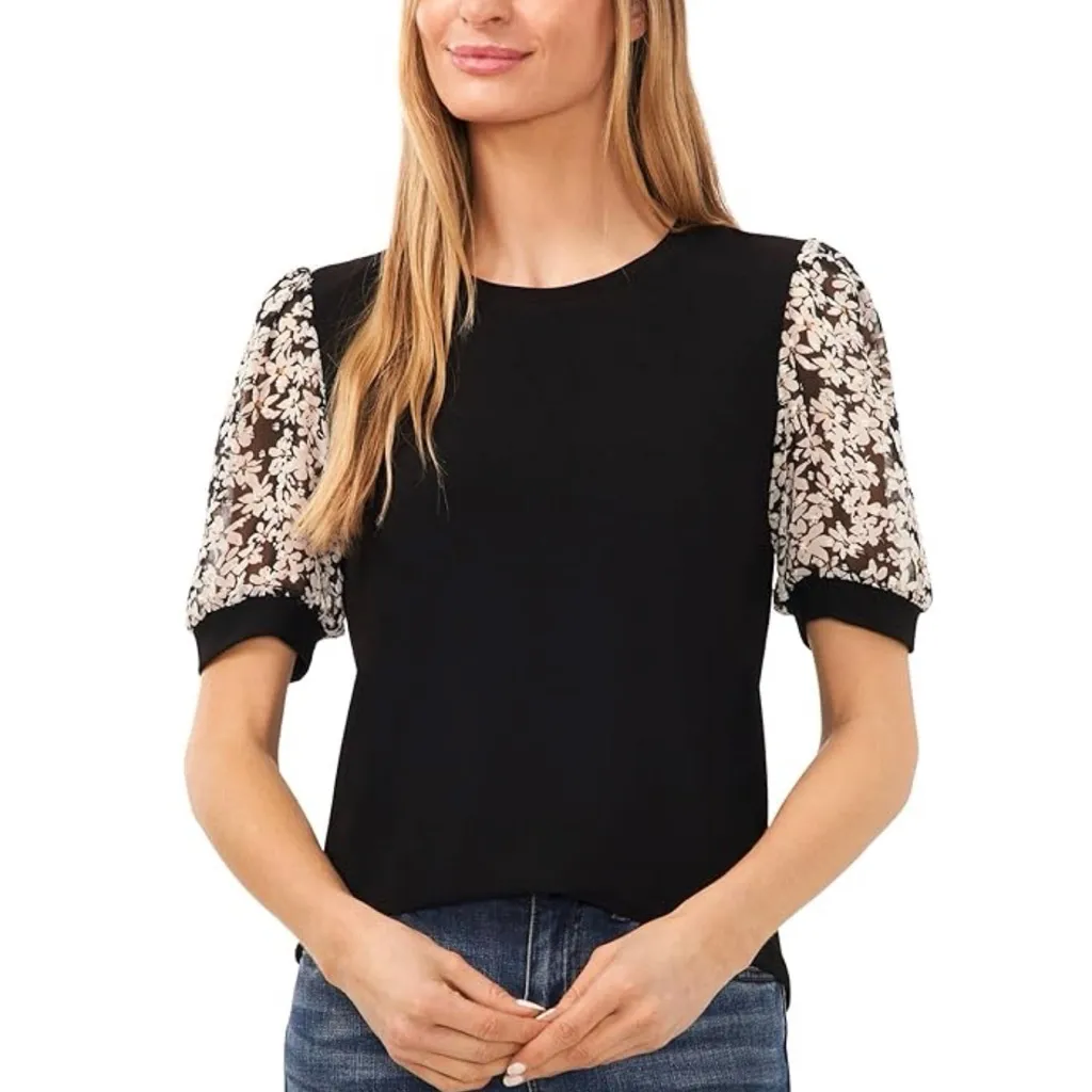 CeCe Black Top with Floral Sleeves - Image 5