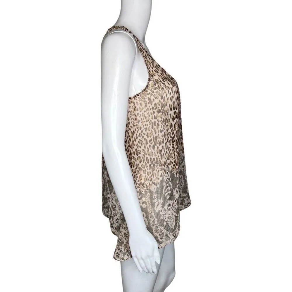 Daytrip Shirt Women Medium Brown Cheetah Print Mixed Print Tank Top Sheer Casual - Image 2