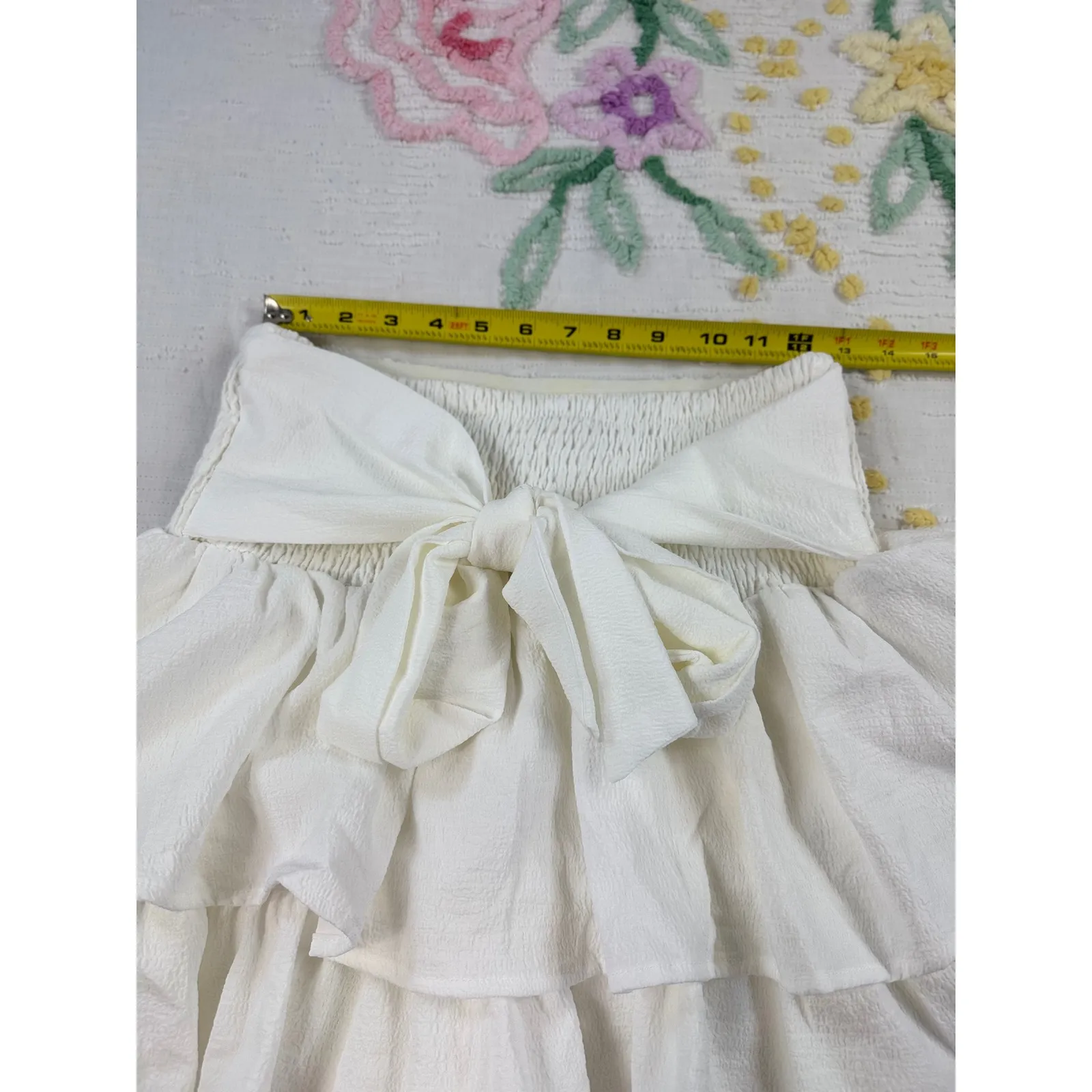 Shein White Ruffle Mini Skirt Smocked Waist Tie Bow Casual Party Cute s - Image 5