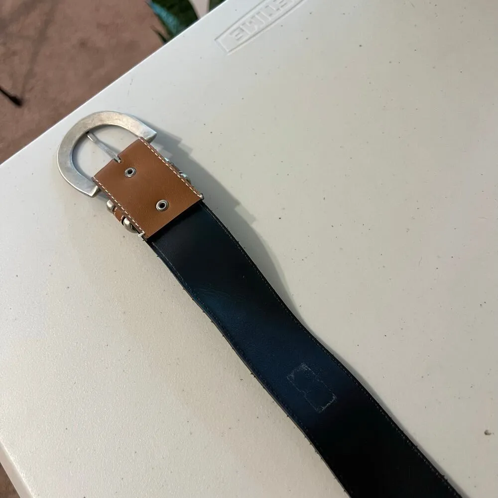 Vintage 90s Tan Vegan Leather Wide Silver Buckle Belt Size XS/S - Image 6