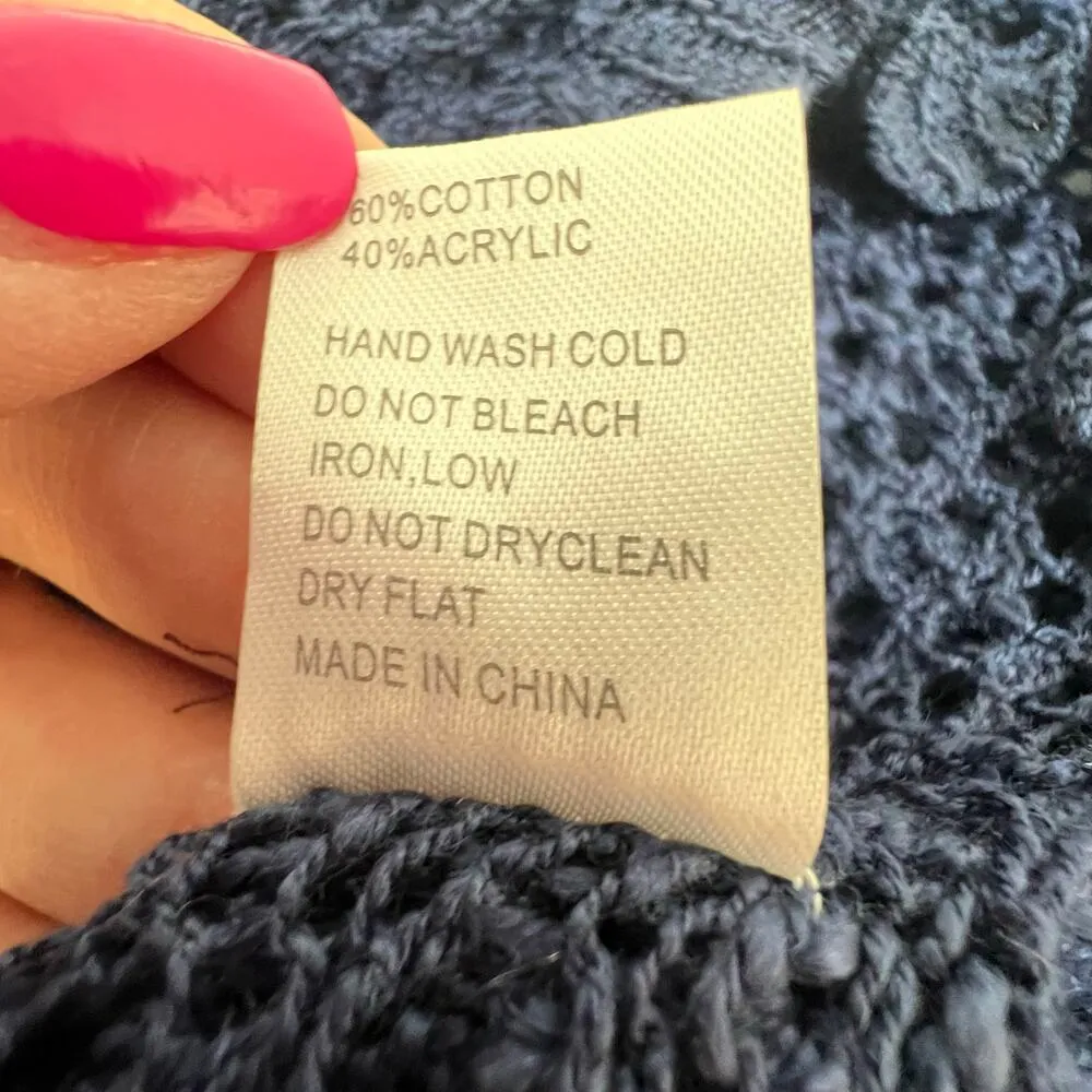 POL Duster Cardigan Cover Up Navy Blue Crochet Tie Waist Boho Indie Coastal Sz S - Image 9