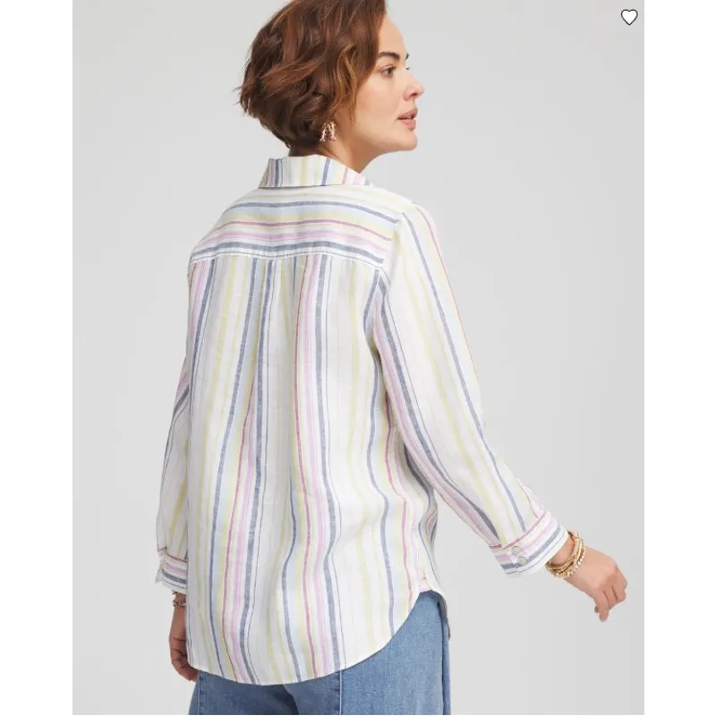 Chico's Multi No Iron Stripes Print Linen Career Button Top Women's 3 or Large - Image 5