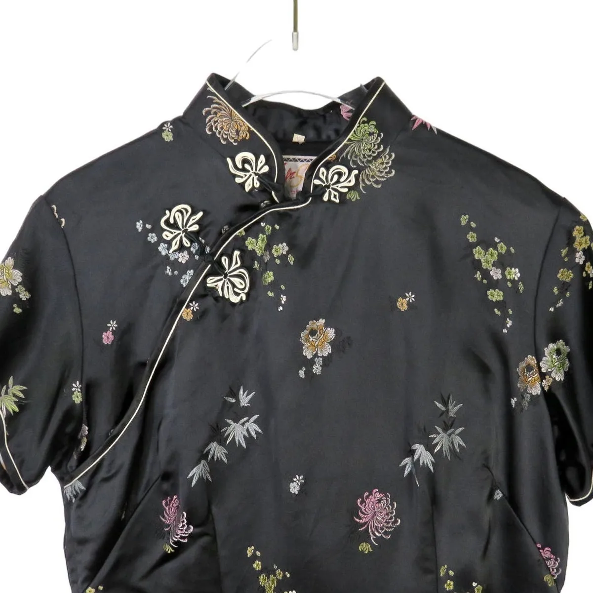 1980s Japenese Vintage Traditional Cheongsam Kimono Dress Black Floral Large - Image 4