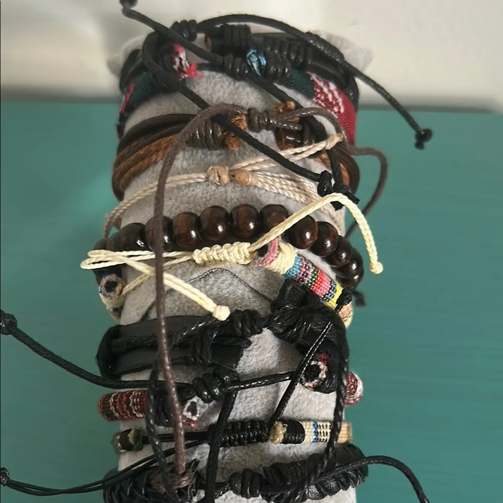 Multicolor Wood Bead Woven Vegan Leather Charm Bohemian Bracelets 13 Piece Set Blue - Image 9