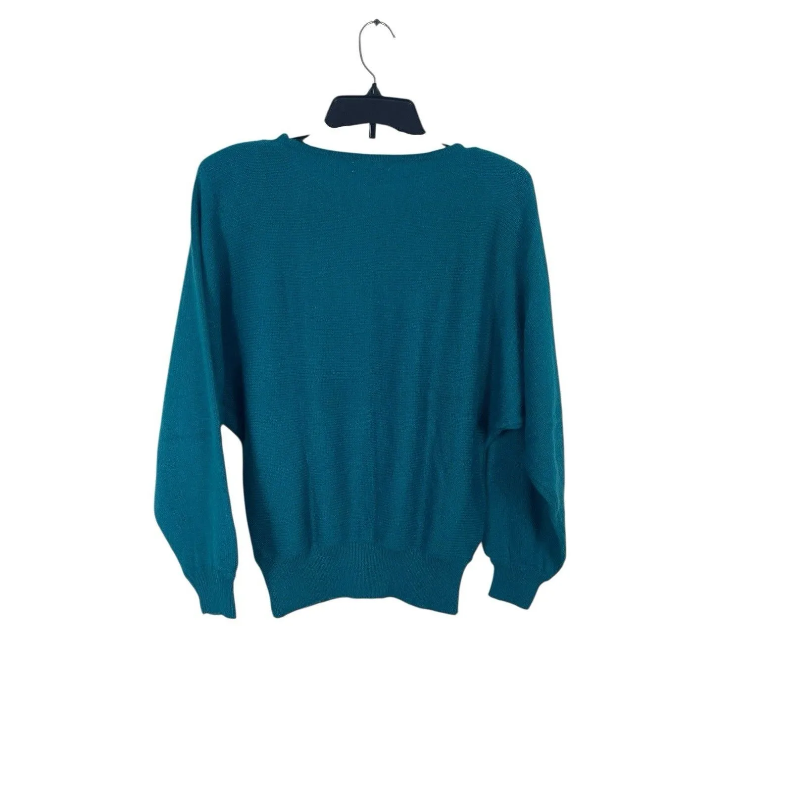 VTG White Stag Sweater L Teal Batwing Dolman Satin Applique 80s Retro Knit Furry - Image 2