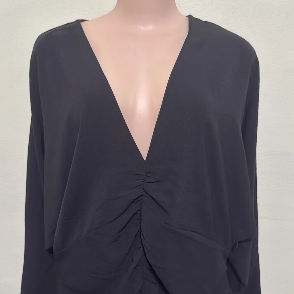 H&M black gathered dress woman size XL long sleeve v neck - Image 3