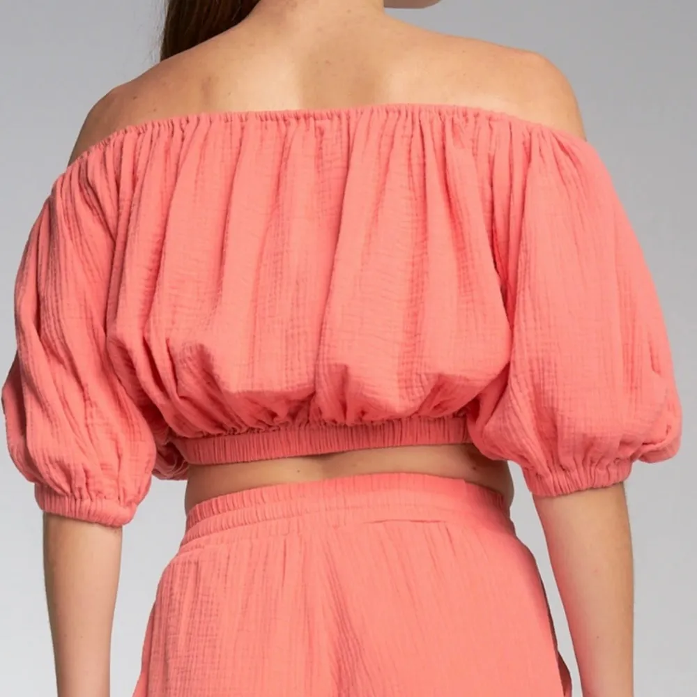 ELAN Coral Off The Shoulder Cropped Crop Top Small Puffy Sleeves NWT - Image 3