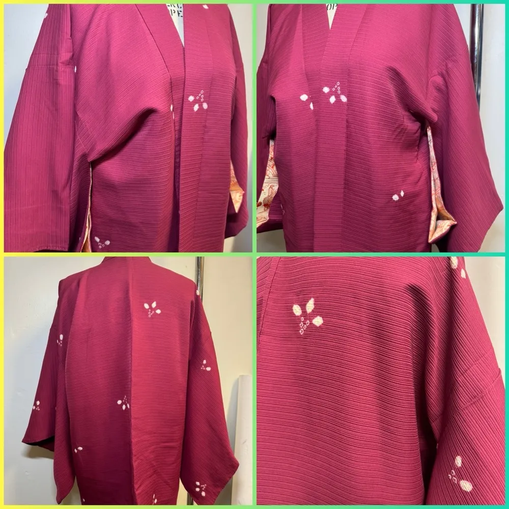 Vintage Kimono haori burgundy white cream orange double sided tie dye Red Size undefined - Image 4