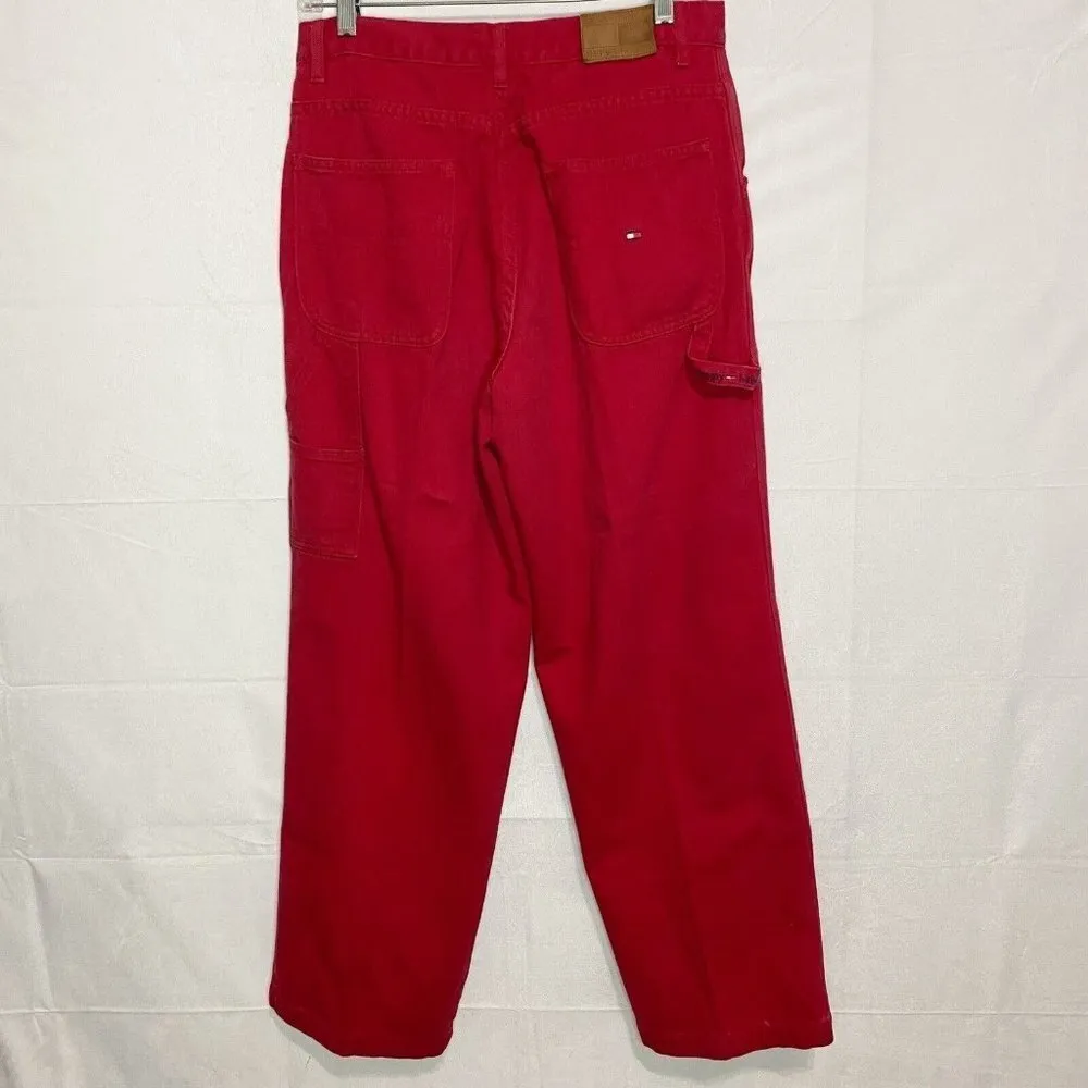 Vtg Tommy Hilfiger Red High Waisted Straight Carpenter Jeans Sz 10 (30x29) Y2K - Image 4