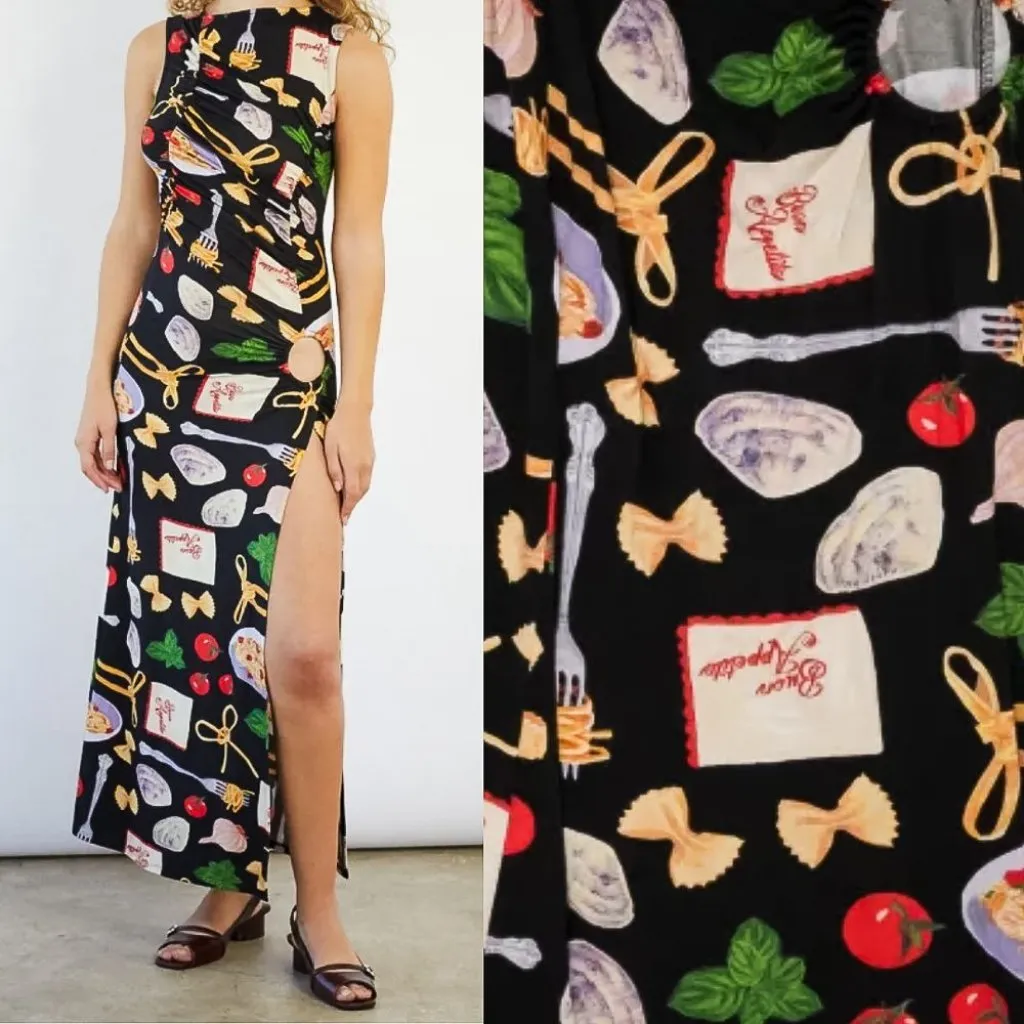 Lisa Says Gah Buon Appetito Food Print Savannah Cinch Dress Maxi Cutout Novelty Black Size L - Image 2