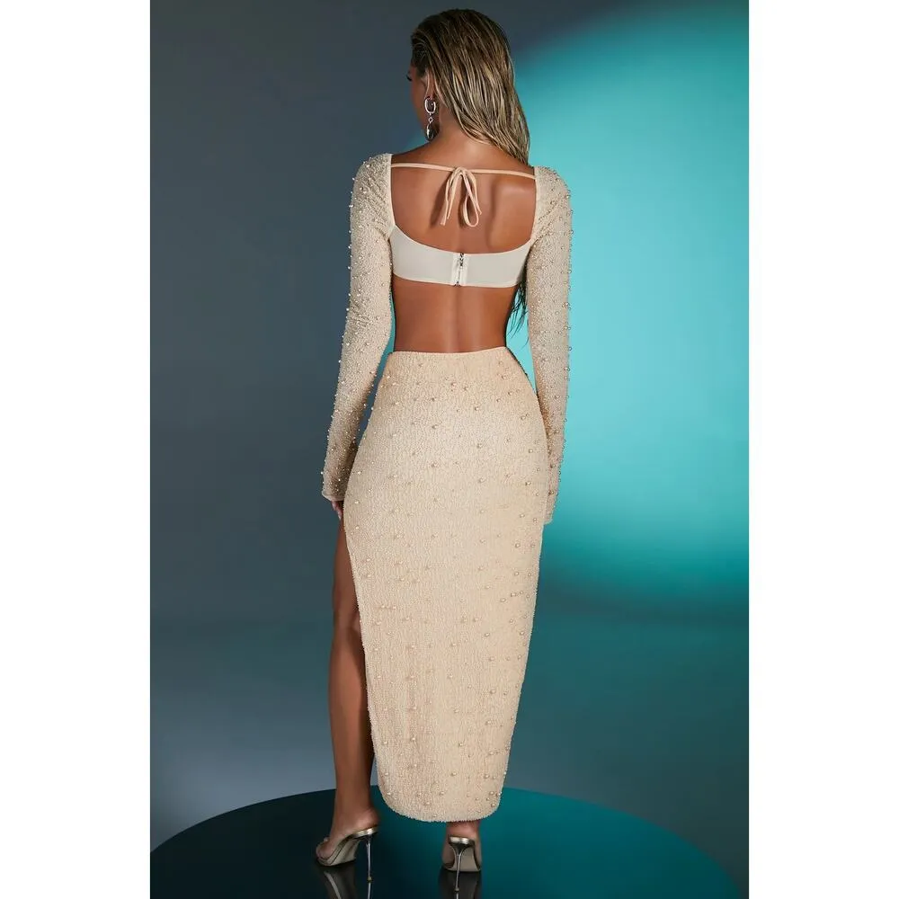 Oh Polly LA DÉSIRADE Cream Pearl Beaded Embellished Crop Top & Midi Skirt Set 2 - Image 3