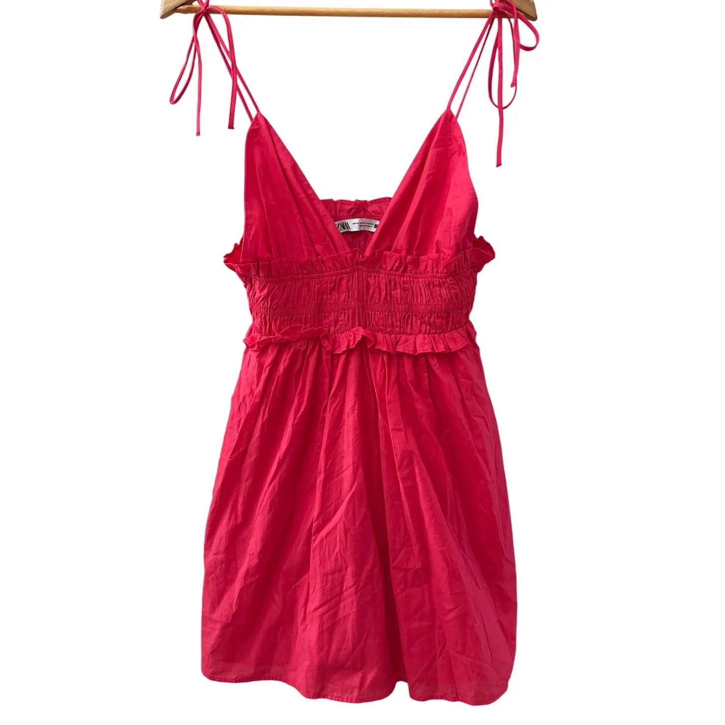 Zara Ruffled Babydoll Scrunched V-Neck Mini Dress Fuchsia Pink Size XS‎ - Image 3