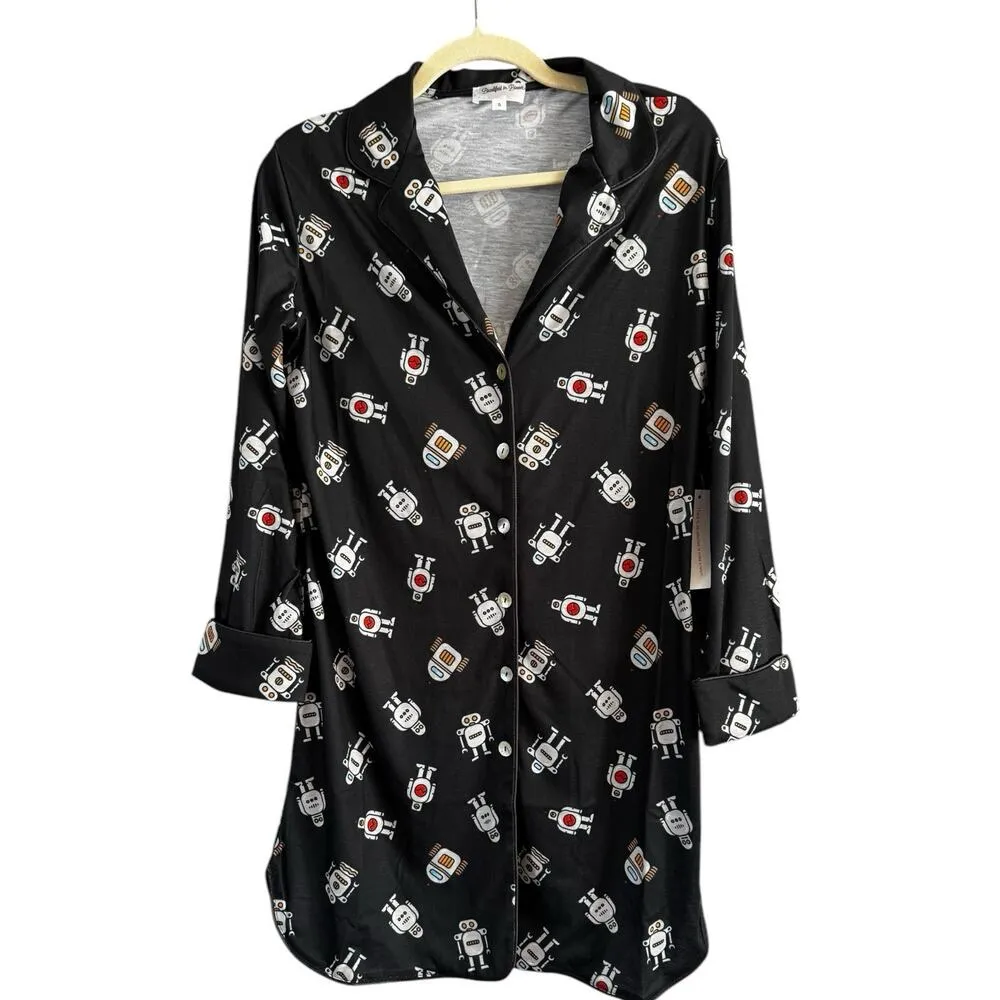 NWT ModCloth Easy Mornings Robot Print Long Sleeve Sleep Shirt Dress Size Small - Image 2