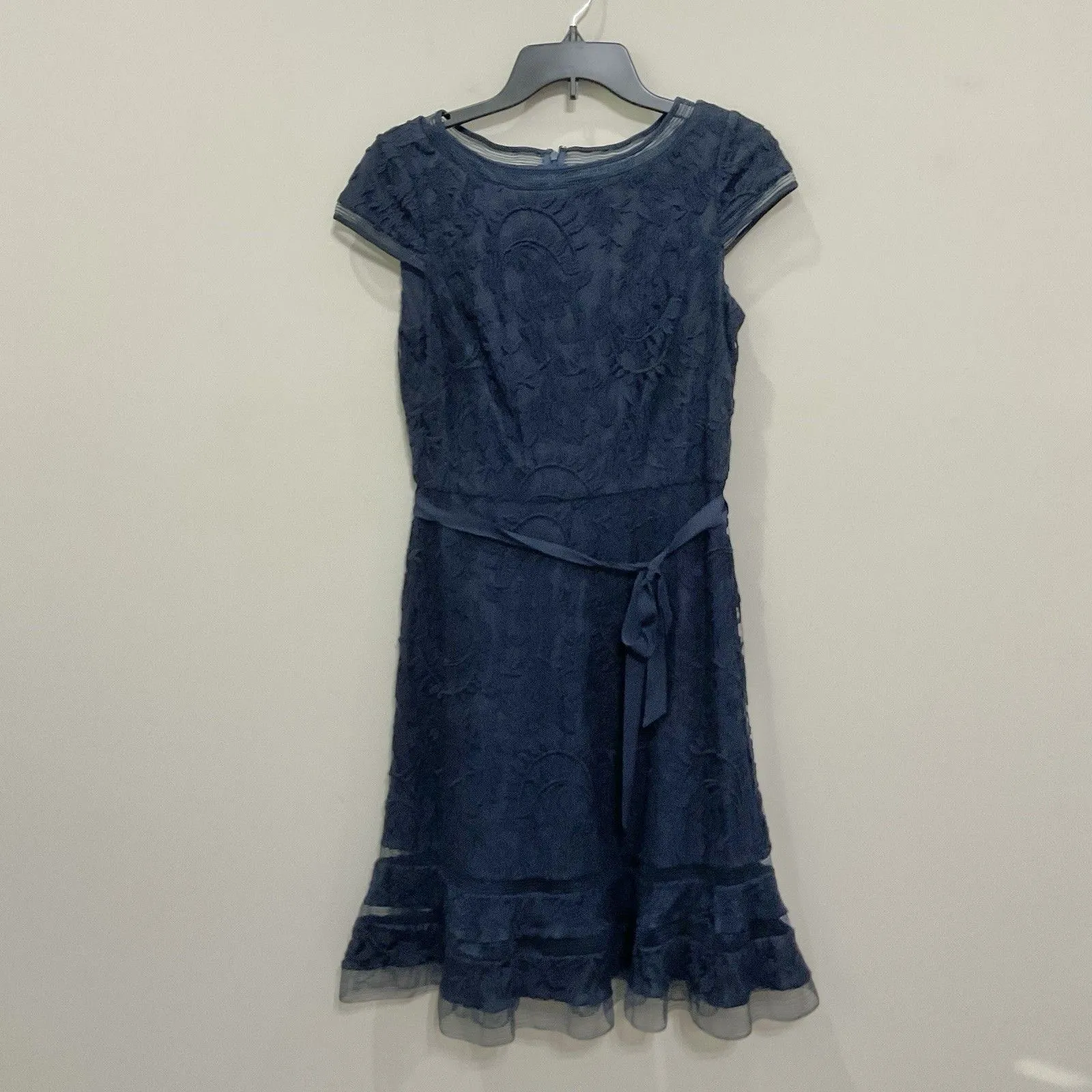 Adrianna Papell Navy Lace Dress Fit & Flare Cocktail Party Mini Dress Sz 8 Blue - Image 2