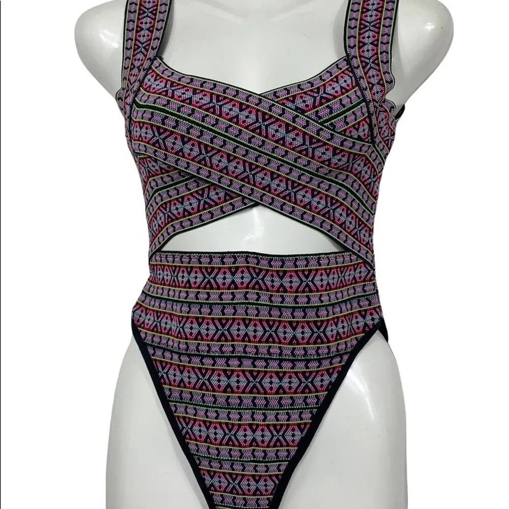 ASOS Multicolor Tribal Criss Cross Cutout One Piece Swimsuit Size 4 - Image 2