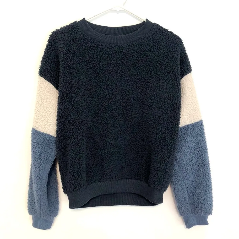 AMERICAN EAGLE Navy Blue Cream Colorblock Sherpa Pullover Crewneck Sweatshirt S - Image 2