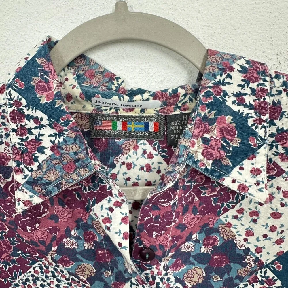 Vintage Paris Sport Club‎ Quilted Pink Patchwork 100% Cotton Western Blouse Size M - Image 8