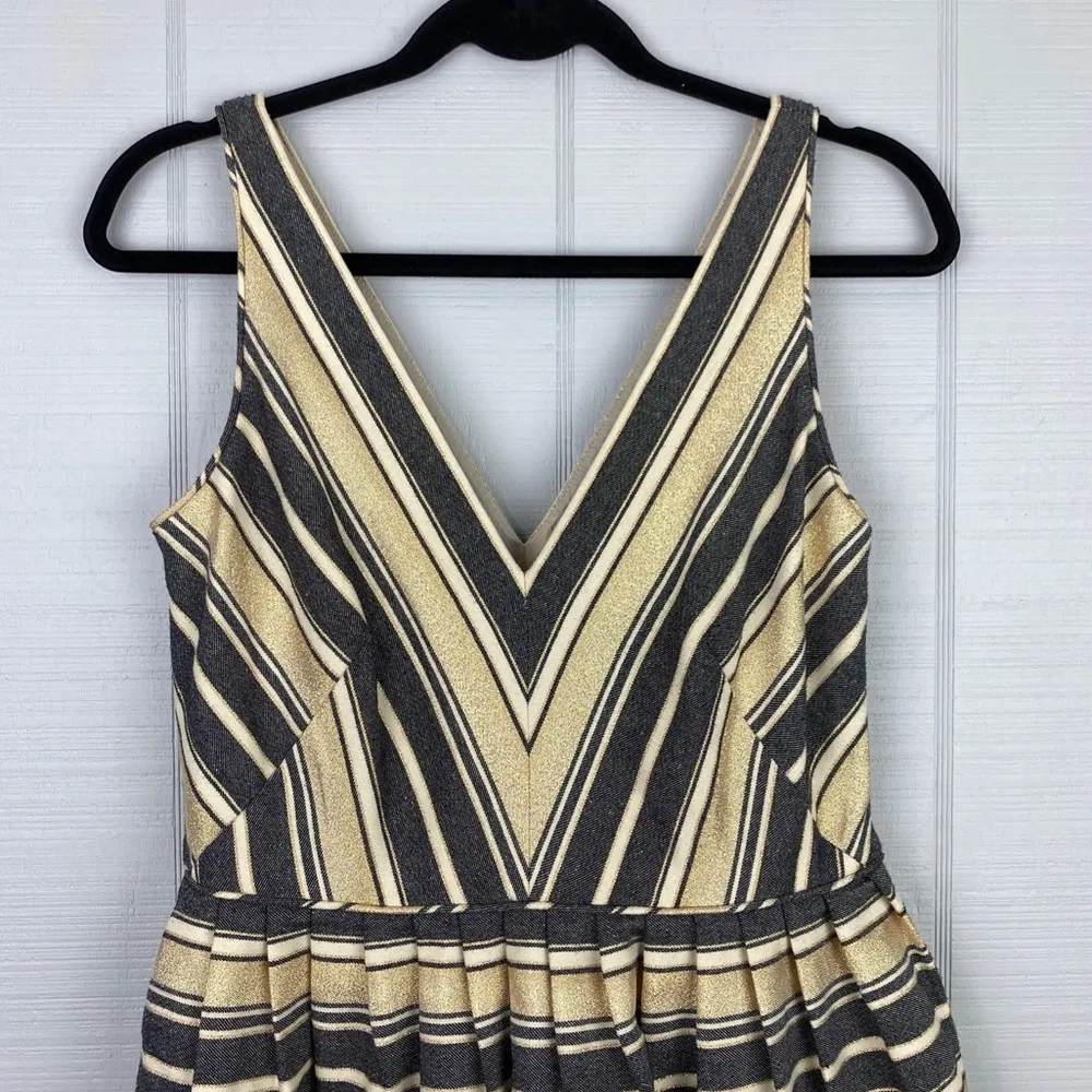 J Crew Gold Metallic Striped V-neck Sleeveless Above Knee A-line Dress Pockets 6 - Image 3