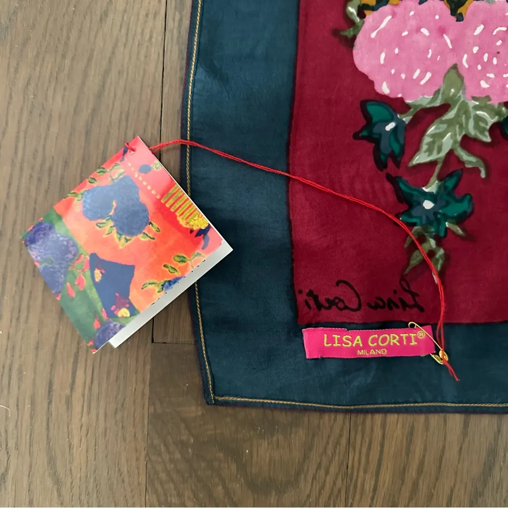 NWT Lisa Corti 100% Silk Pocket Square Scarf Geometric Floral Print 50cmx50cm Pink - Image 9