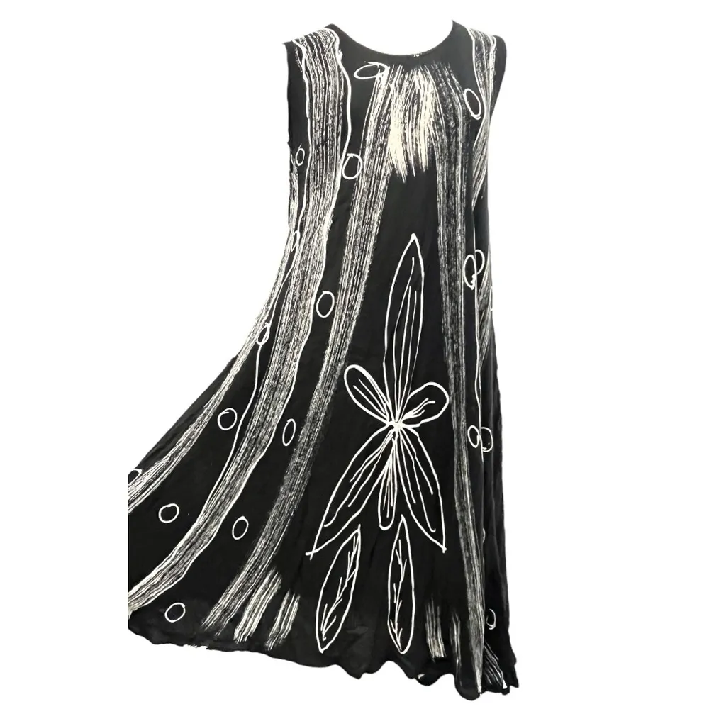 India‎ Boutique Boho Artisan Abstract Black White Floral Maxi Sheath Dress OS - Image 2