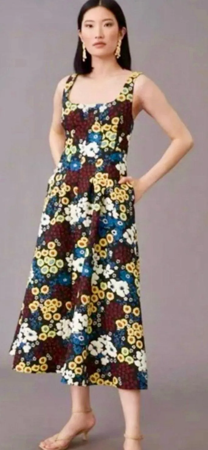 Maeve Marigold Midi Dress Floral Print Anthropologie Square Neck Size 2 NWT Black - Image 1