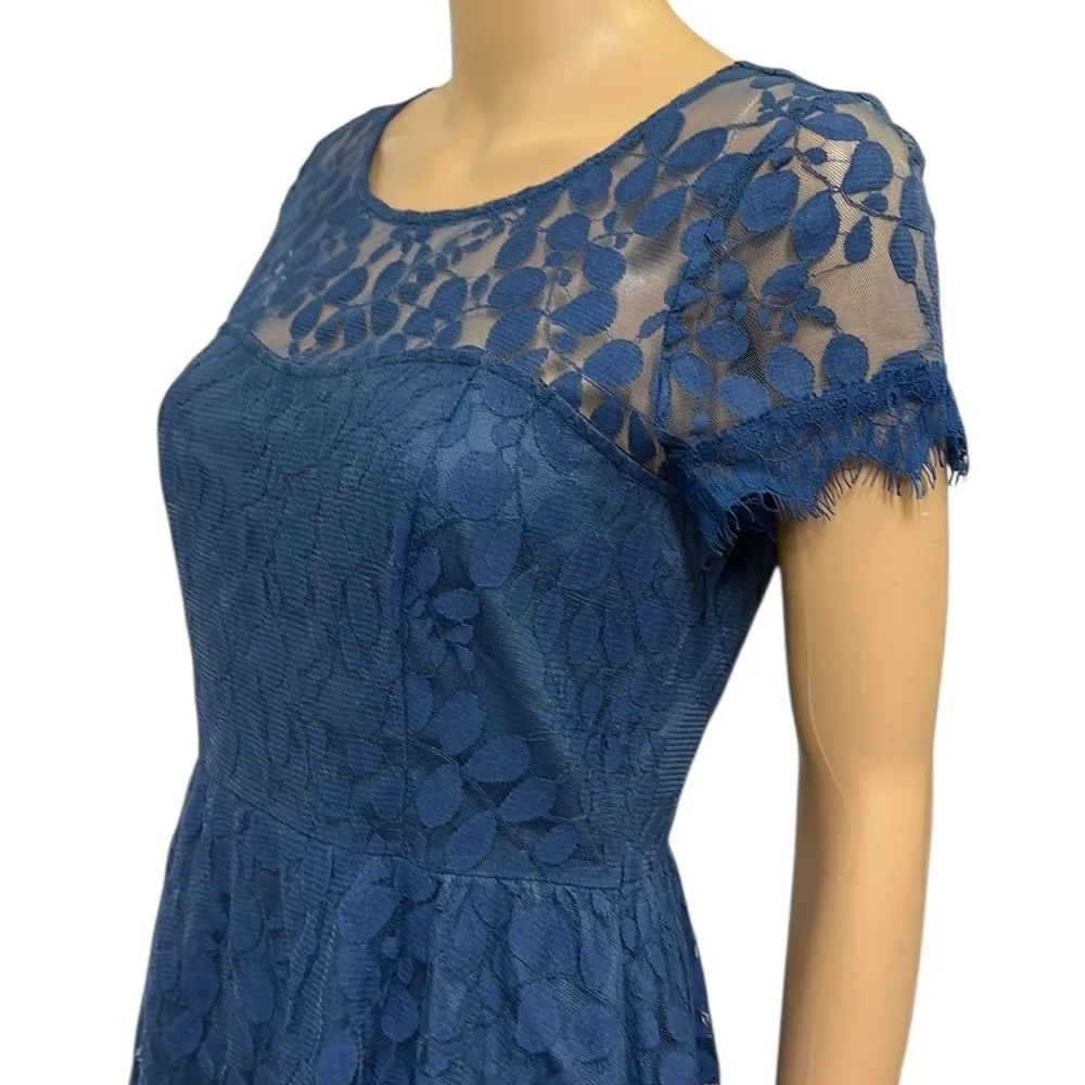 LC Lauren Conrad Blue Lace Overlay Short Sleeve Zip Side Mini Dress Womens 6 - Image 3