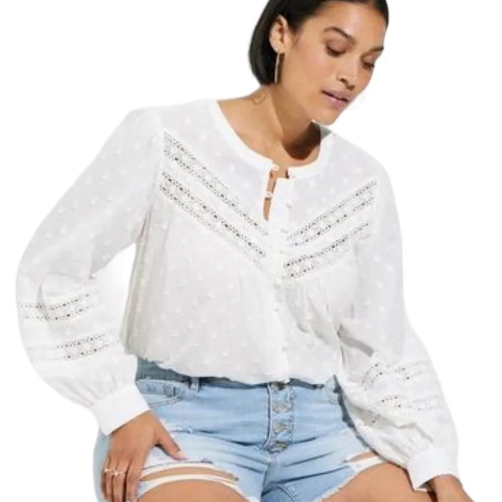 Cotton Clip Dot Lace Trim Long Sleeve Top - Image 3