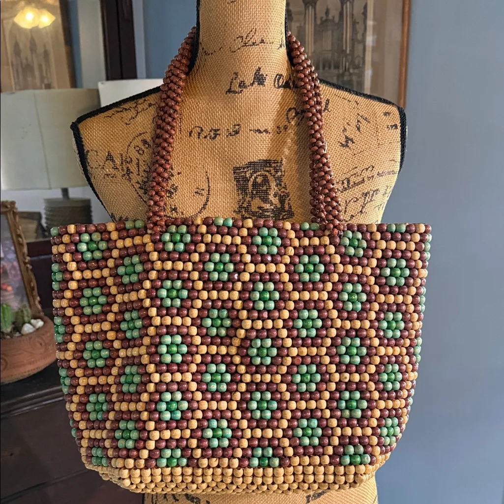 Vintage Brown and Green Earthy Wooden Beaded Statement Retro Tote Bag - Image 3