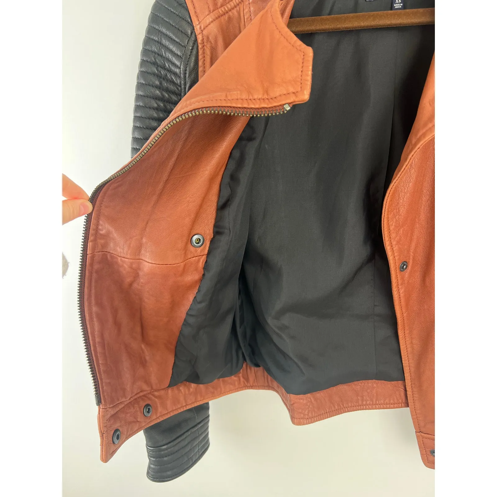 Madewell Colorblock Quilted Backroad Moto Leather Jacket Black Burnt Orange XS - Image 9