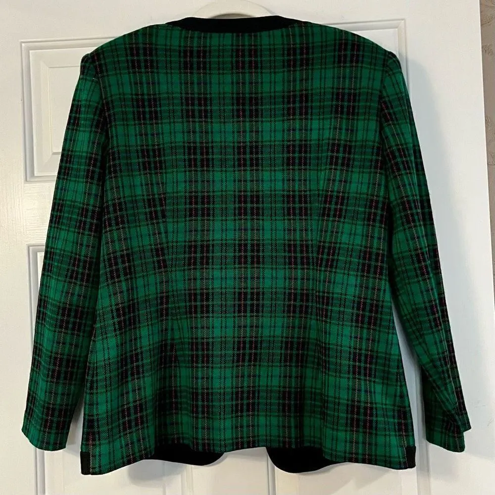 Leslie Fay Green Red Blue Black Plaid Holiday Blazer Size 8 - Image 4