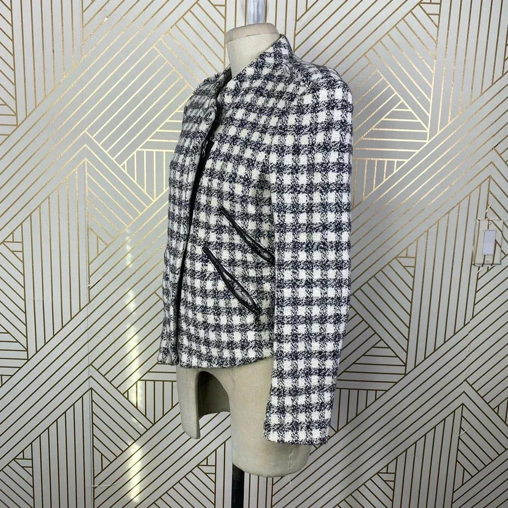 Zara Basic Checker Plaid Tweed Moto Jacket in Black &‎ Cream Size US Medium - Image 5
