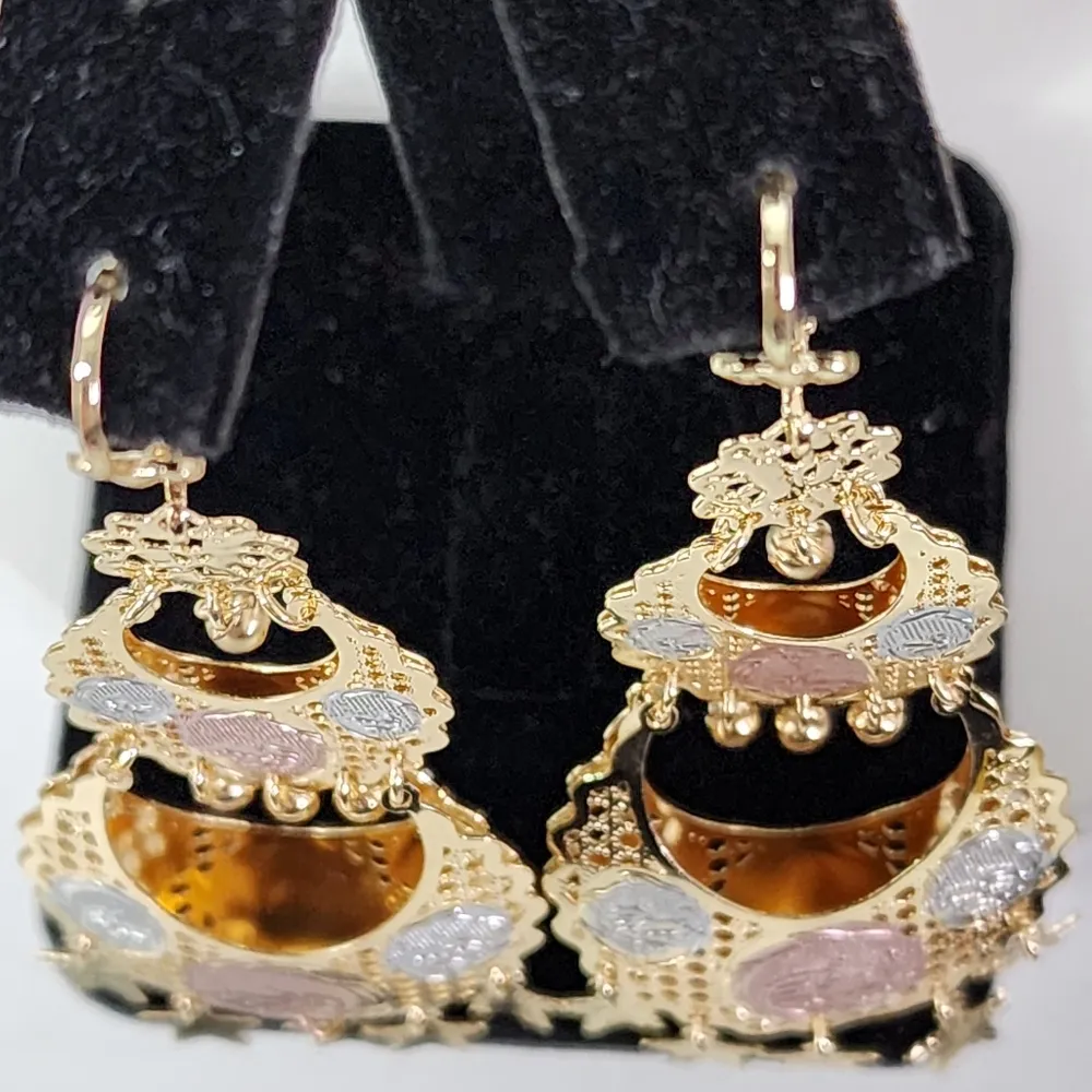 Boho Tricolor Gold Big Dangling Chandelier Filigree Earrings - Image 6