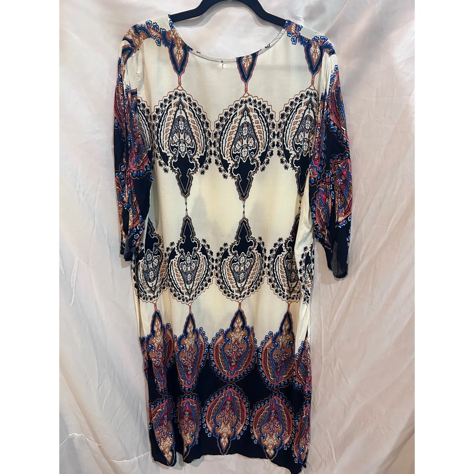 Halife Bohemian Paisley Print Tassel Tie Neck 3/4 Sleeve Shift Dress 2XL Black Size undefined - Image 6