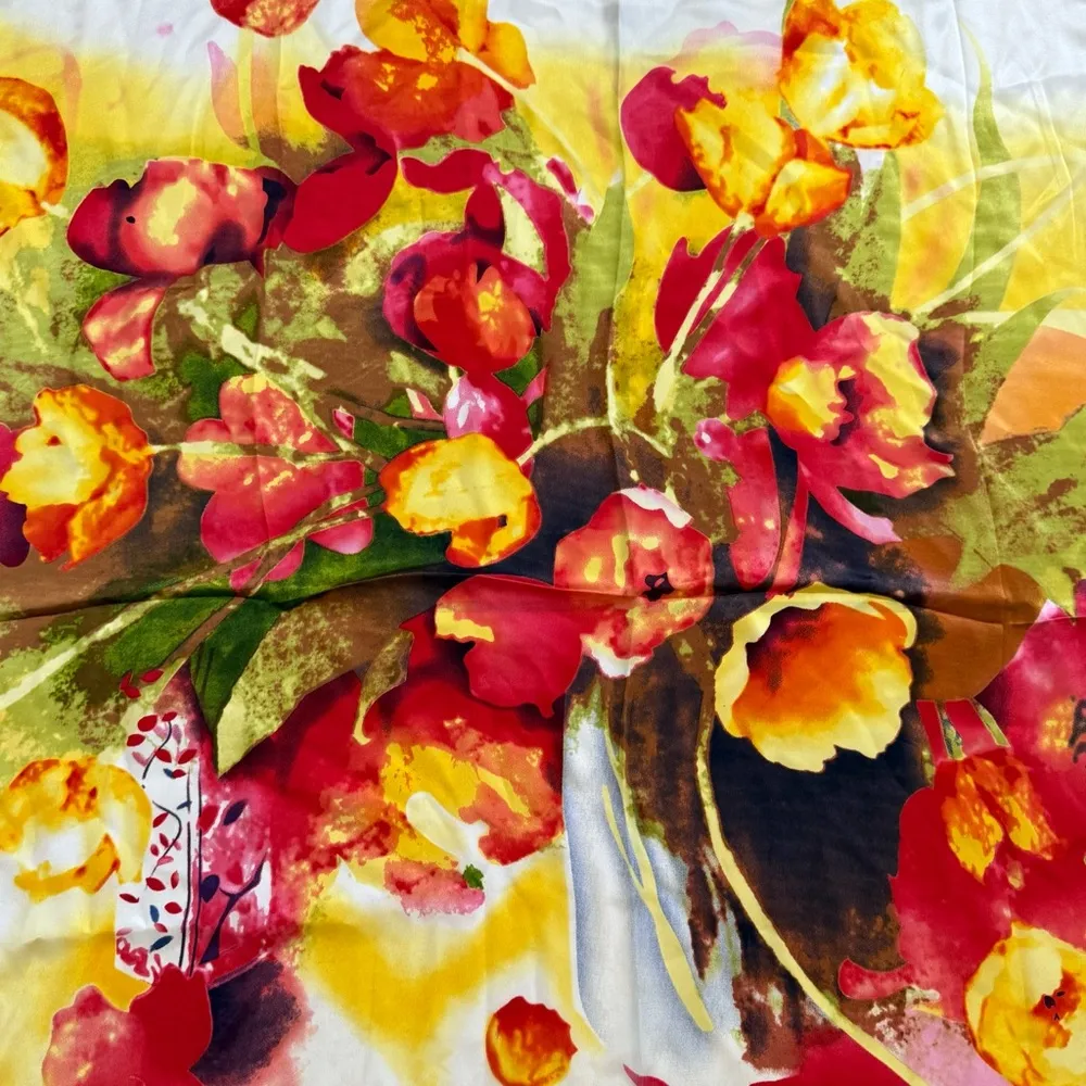 Vintage Angelique L. Paris 100% Silk Rolled Hem Floral Square Scarf 33”X 34” Red - Image 3