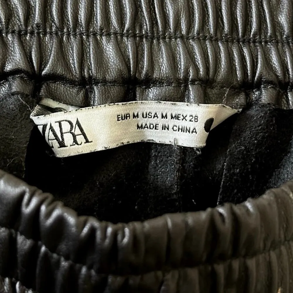 Zara Black Faux Leather Vegan Elastic Waist High Rise Stretch Wide Leg Pants M - Image 4