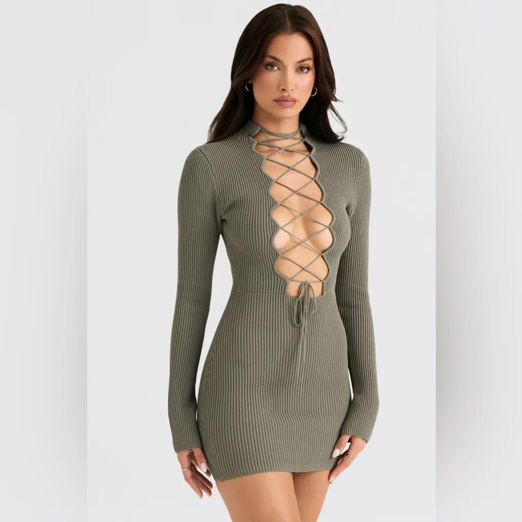 NWT Jada Artichoke Knit Lace Up Dress Size Small Bodycon Romantic Mini - Image 5