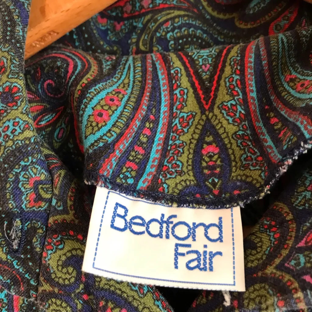 Bedford Fair Women's S Vintage 90s Elastic Blue Paisley Collar Midi Dress AS IS - Image 8