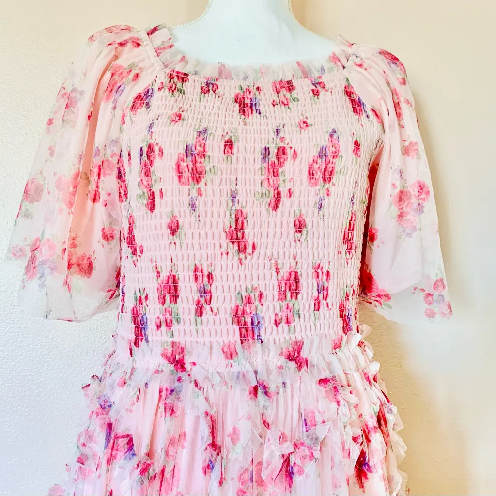 PKC Pink & Purple Smocked Ruffled Tiered Midi Dress. - Image 2