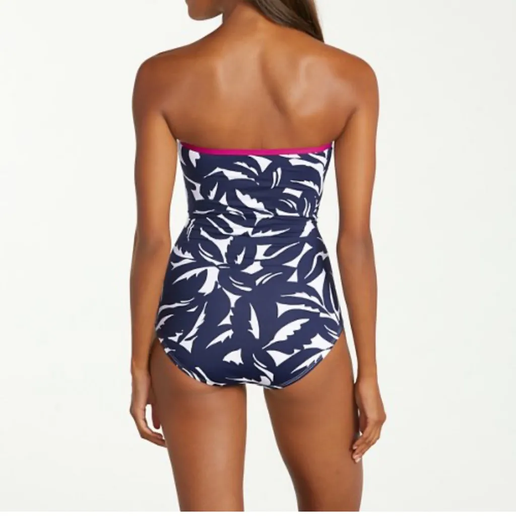Tommy Bahama Graphic Jungle Shirred Bandeau Navy Blue Halter One Piece Swimsuit - Image 2