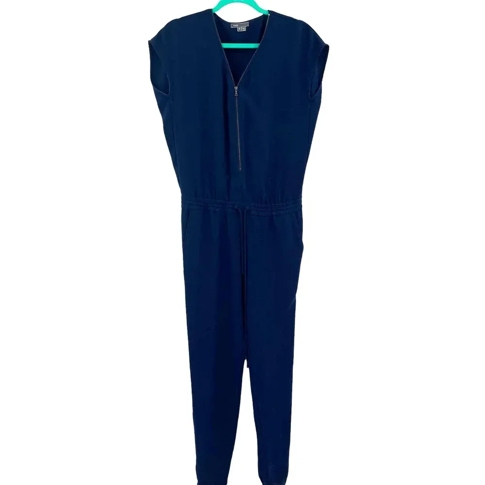 VINCE Navy Blue Zip Front Short Sleeve‎ Jumpsuit Size 2 - Image 3