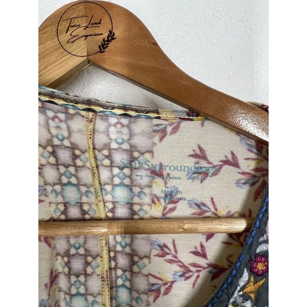 Soft Surroundings Fifi Embroidered Mixed Print Bell Sleeve Tunic Top Size Medium - Image 3