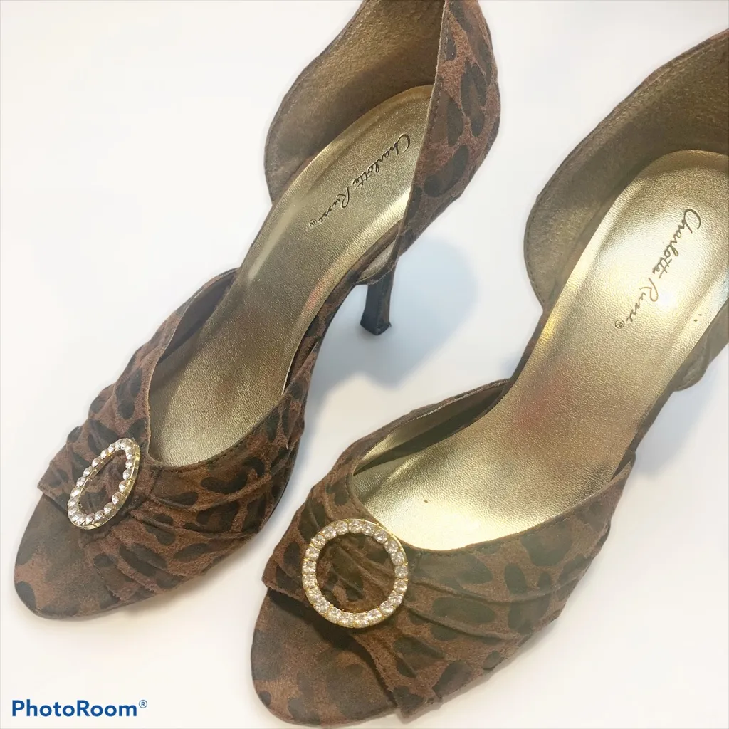 Charlotte Russe Size 9 Brown Leopard Animal Print Peep‎ Toe Jeweled Heels - Image 2