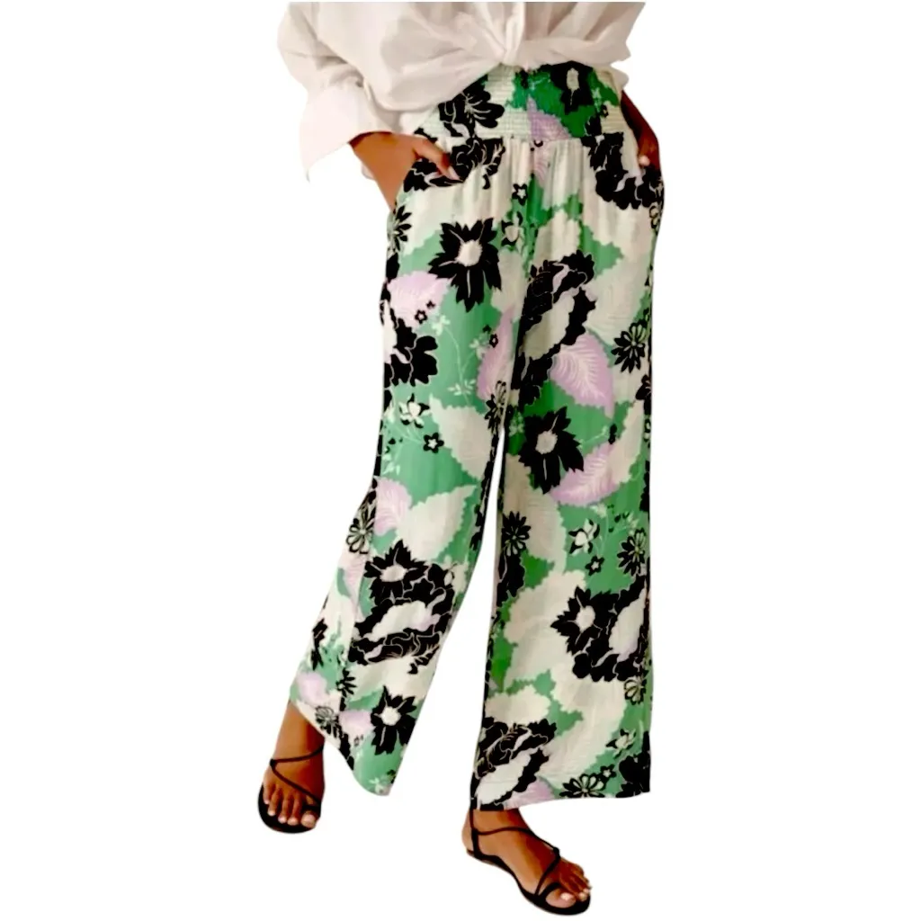 Maeve Pants Wide Leg Pockets Green Black Purple Floral Satin Women’s Size Large - Image 9
